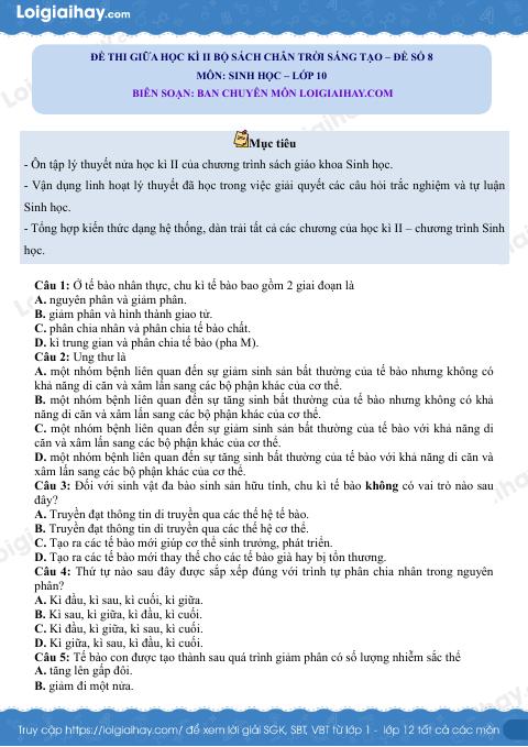 Đề thi giữa học kì 2 Sinh 10 Chân trời sáng tạo - Đề số 8